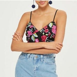 Topshop Black Mesh Floral Embroidered Bodysuit